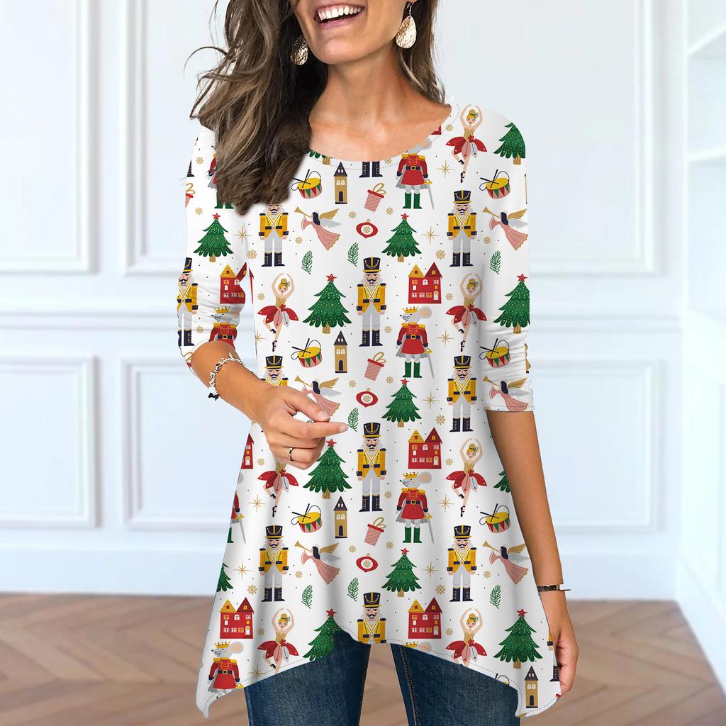 Damen Frühling Rundhals Bunt Weihnachtsbaum Print Oberteile Mode Langarm Unregelmäßiger Saum T-Shirt Oberteile