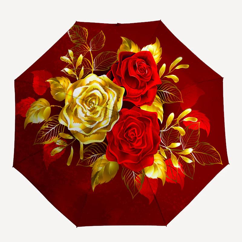 Golden Red Rose Bouquet Circular Wall Art Print Poster Umbrella, Cute Umbrella with Cute Design, Portable 3-Fold Compact Umbrella for Men & Women, Val