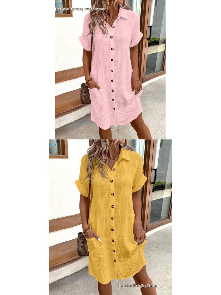 Women's Mid-Length Single-Breasted Short Sleeve Solid Color Casual Dress