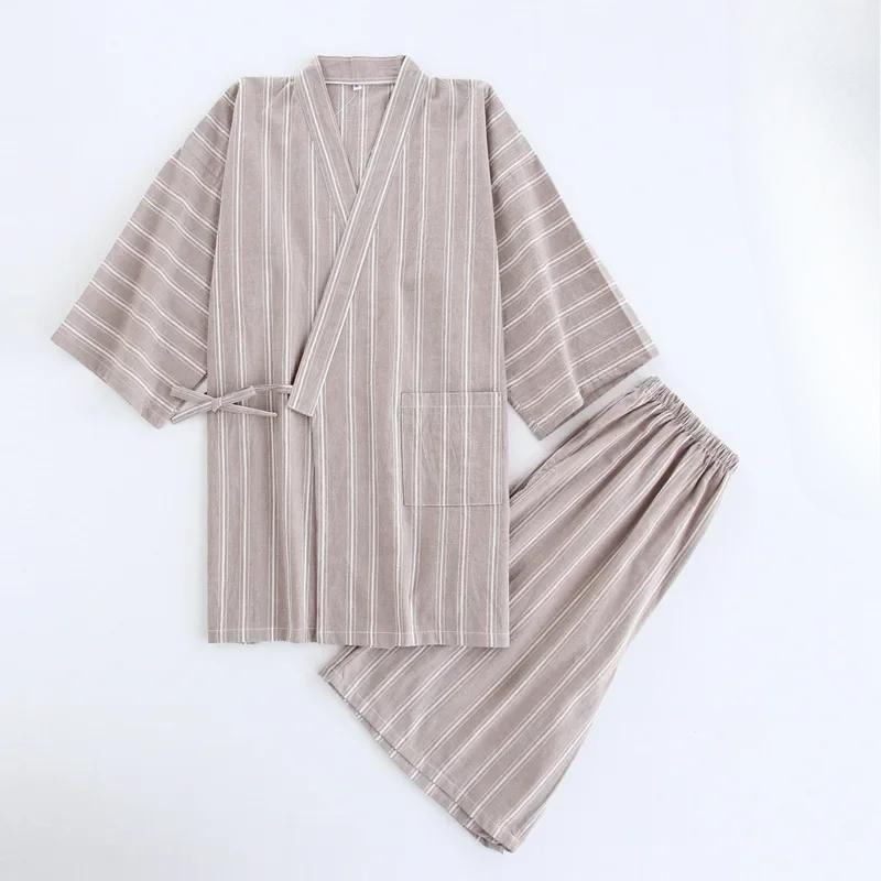Cotton Thin Striped Pajamas for Men and Women Kimono Short-sleeved Shorts Pijamas Couple Summer V-Neck Home Clothes