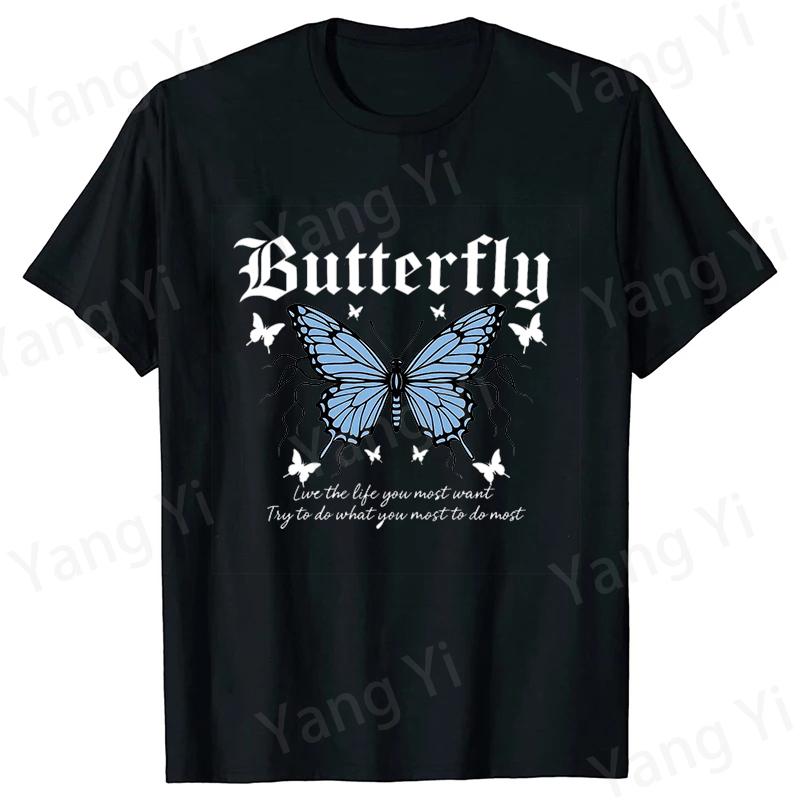 Blue Butterfly Print and Inspirational Slogan Print Tshirt Unisex Women Fashion Round Neck Loose Tee Shirt Streetwear Tshirt Tees