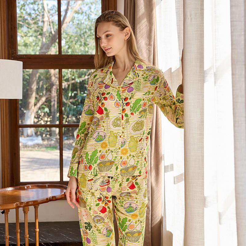 Womens Lightweight Cotton Pajama Set Long Sleeve Loose Fit Home Wear Fall
