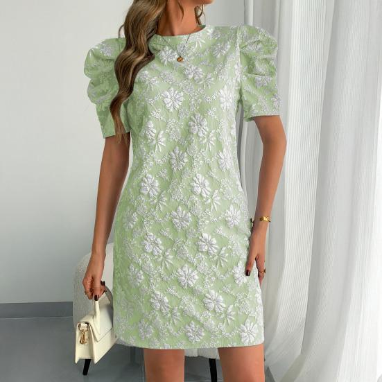 Women's Textured Jacquard Dress Crewneck Short Puff Sleeve A-line Dress Summer Floral Mini Dresses