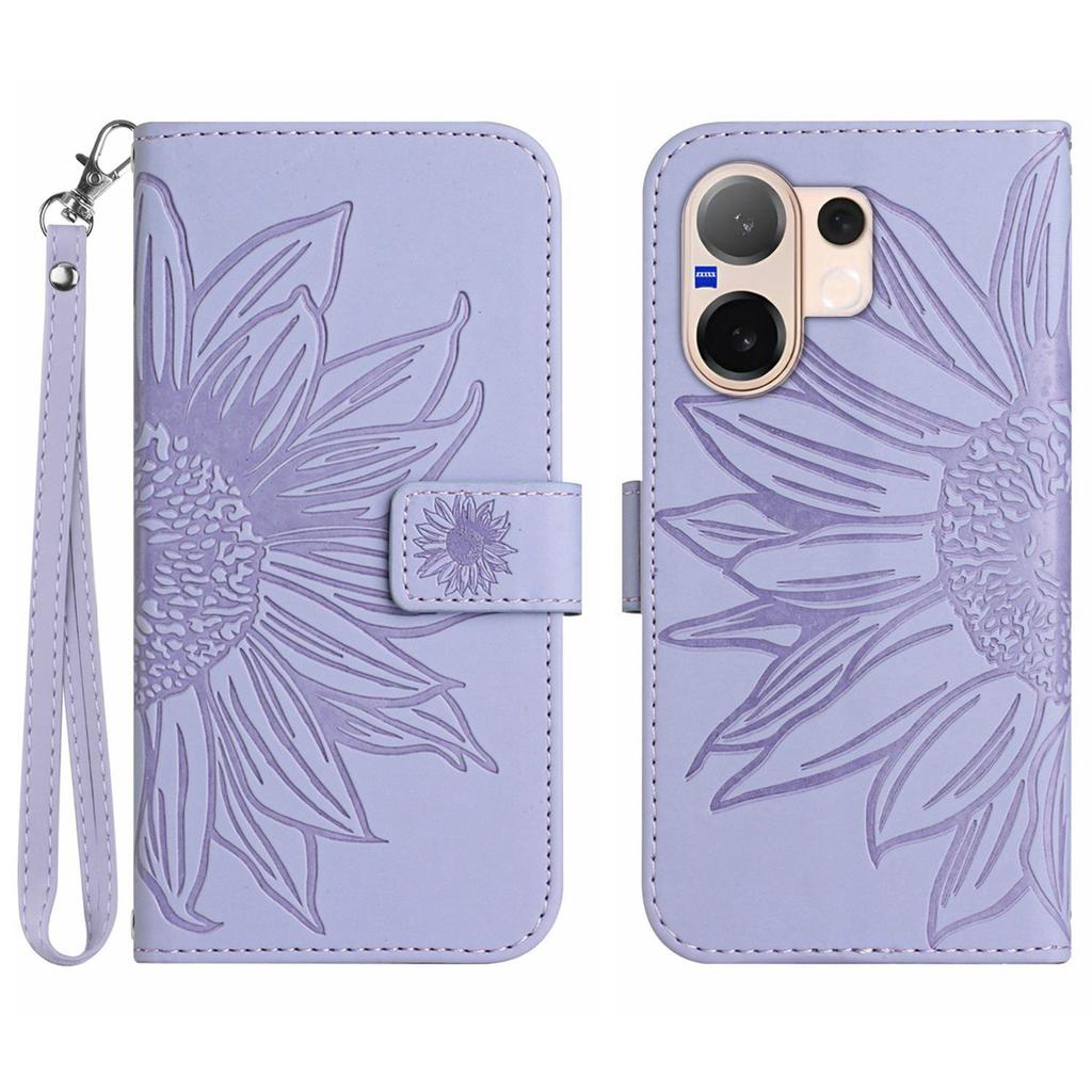 For Vivo V60 5G Case Sunflower Imprint Leather Wallet Phone Cover with Wrist Strap