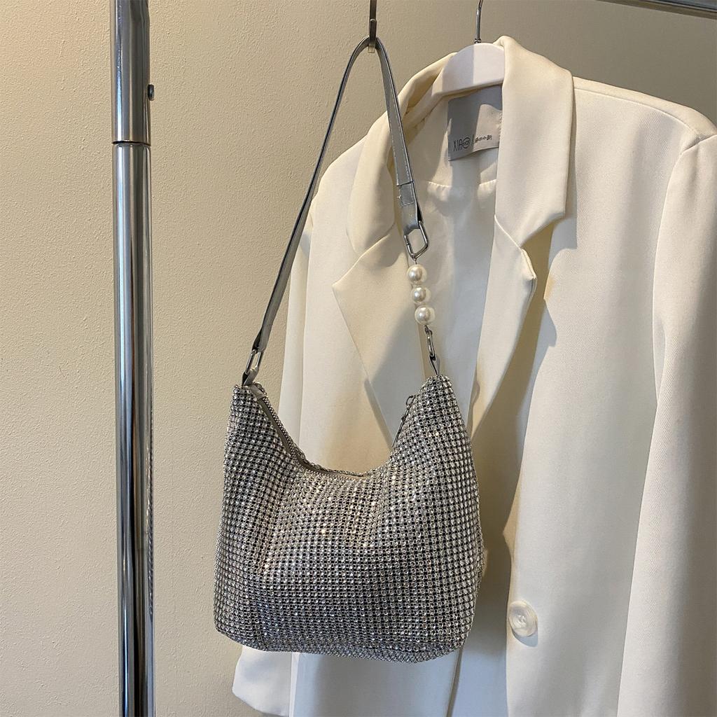 Okouzlující večerní taška na rameno pro ženy Lesklá kamínková PVC měkká úprava Perlový popruh Zip Na párty Gala Events Kabelka