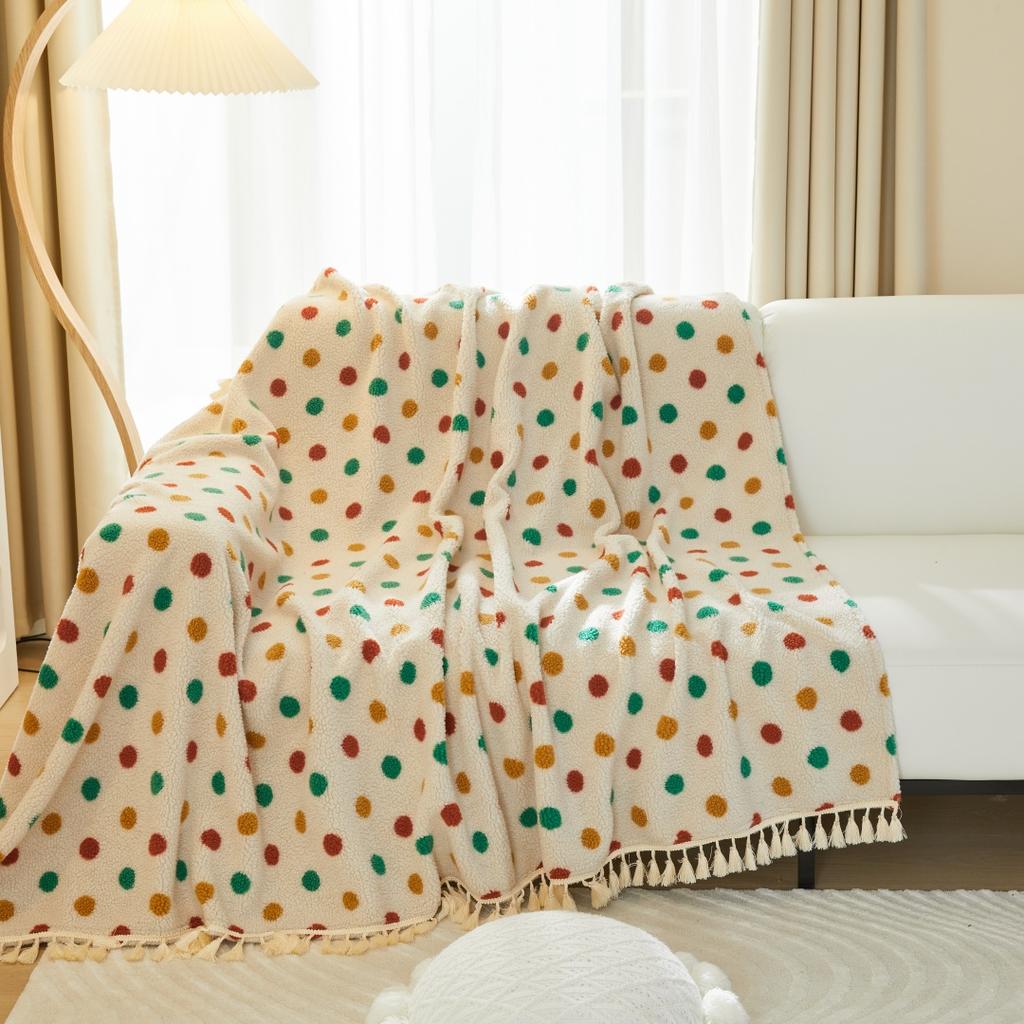 Bunte Punkte Sherpa Verdicken Warmes Sofa Handtuch mit Quasten, für Weihnachts-Atmosphäre Wohnzimmer Deko Couch Freizeitdecke Sofaüberwurf
