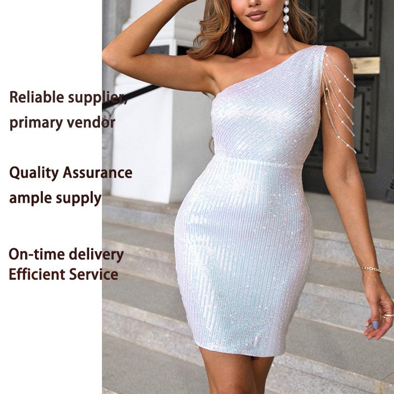 European and American Ins Hot-selling Spice Girls Dress Women's Sexy Slant Neck Shoulder Sequins Skinny Hip Wrap Skirt