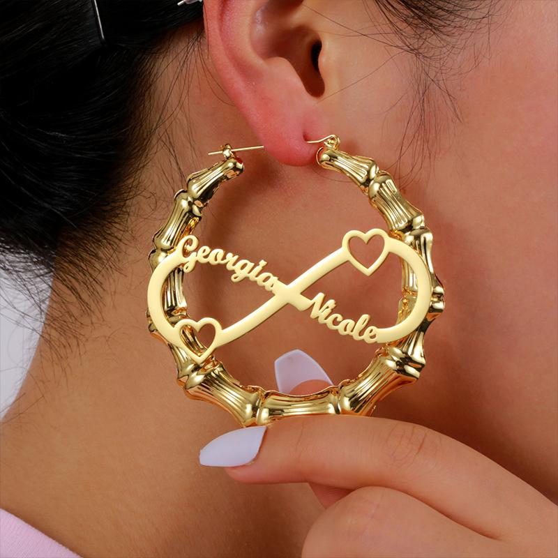 Fashion Bamboo Hoop Earring Custom Stainless Steel Personalized Name Large Stud Earrings Gold Plated Women Statement Earrings