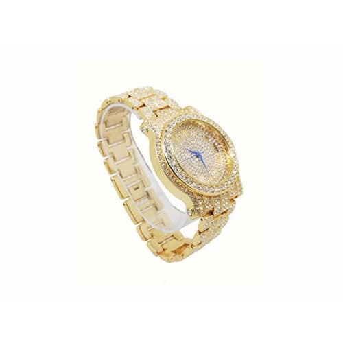 Bling-ed Out Round Luxury Men's Watch with Bling-ed Out Cuban Bracelet - L0504B - Gold/Gold