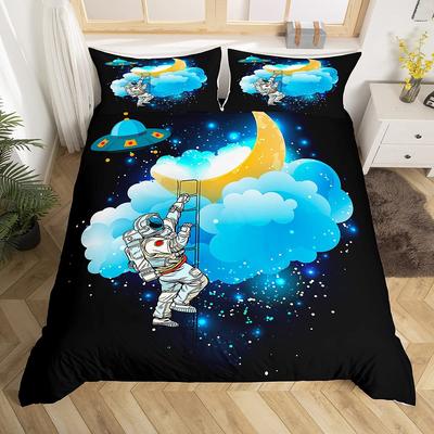 Cartoon Astronaut Bettbezug Set Mond Wolken Sternenhimmel Steppdeckenbezug Mikrofaser Galaxie Bettwäsche Set Einzelbett King Für Jungen Mädchen Geschenk