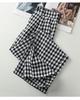 Women's Black and White Plaid Ice Silk Cropped Wide-Leg Pants - Elastic Waist, Summer Casual, Slimming, Loose Fit.
