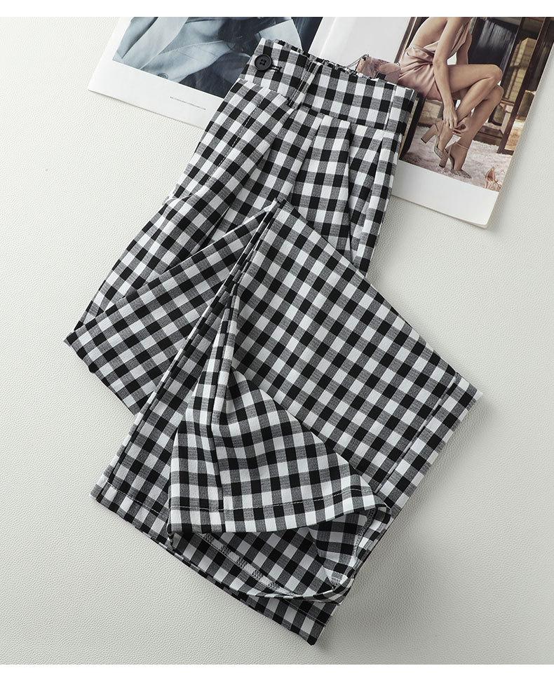 Women's Black and White Plaid Ice Silk Cropped Wide-Leg Pants - Elastic Waist, Summer Casual, Slimming, Loose Fit.