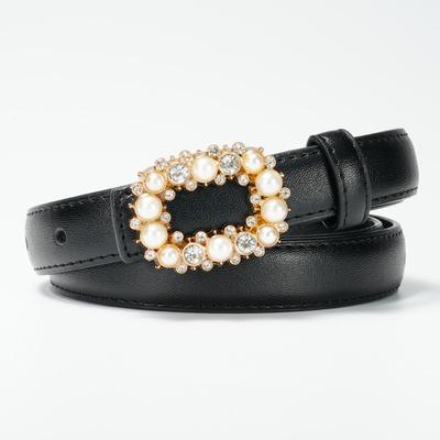 New Women's Belt Inlaid with Pearl Rhinestone Round Buckle Decorative Strap Versatile Women's Genuine Leather Smooth Buckle Belt