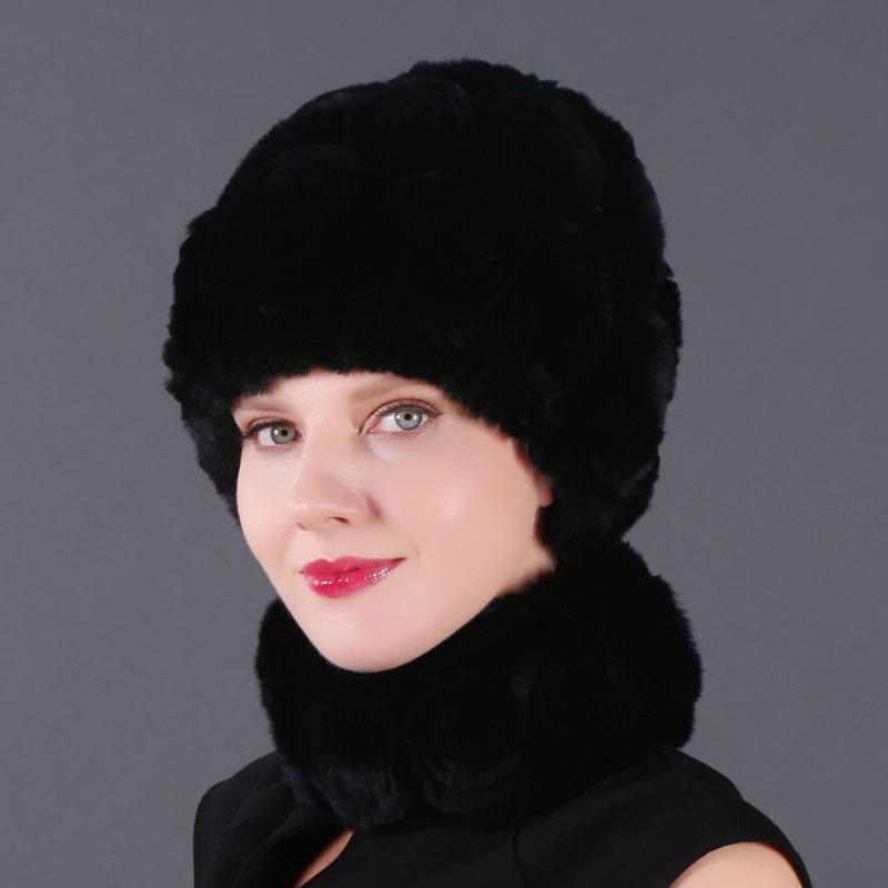 Rex Rabbit Rose Hat and Flower Scarf Set Specializing in the production of Rex Rabbit Scarf Hat Two-piece Adult Hat