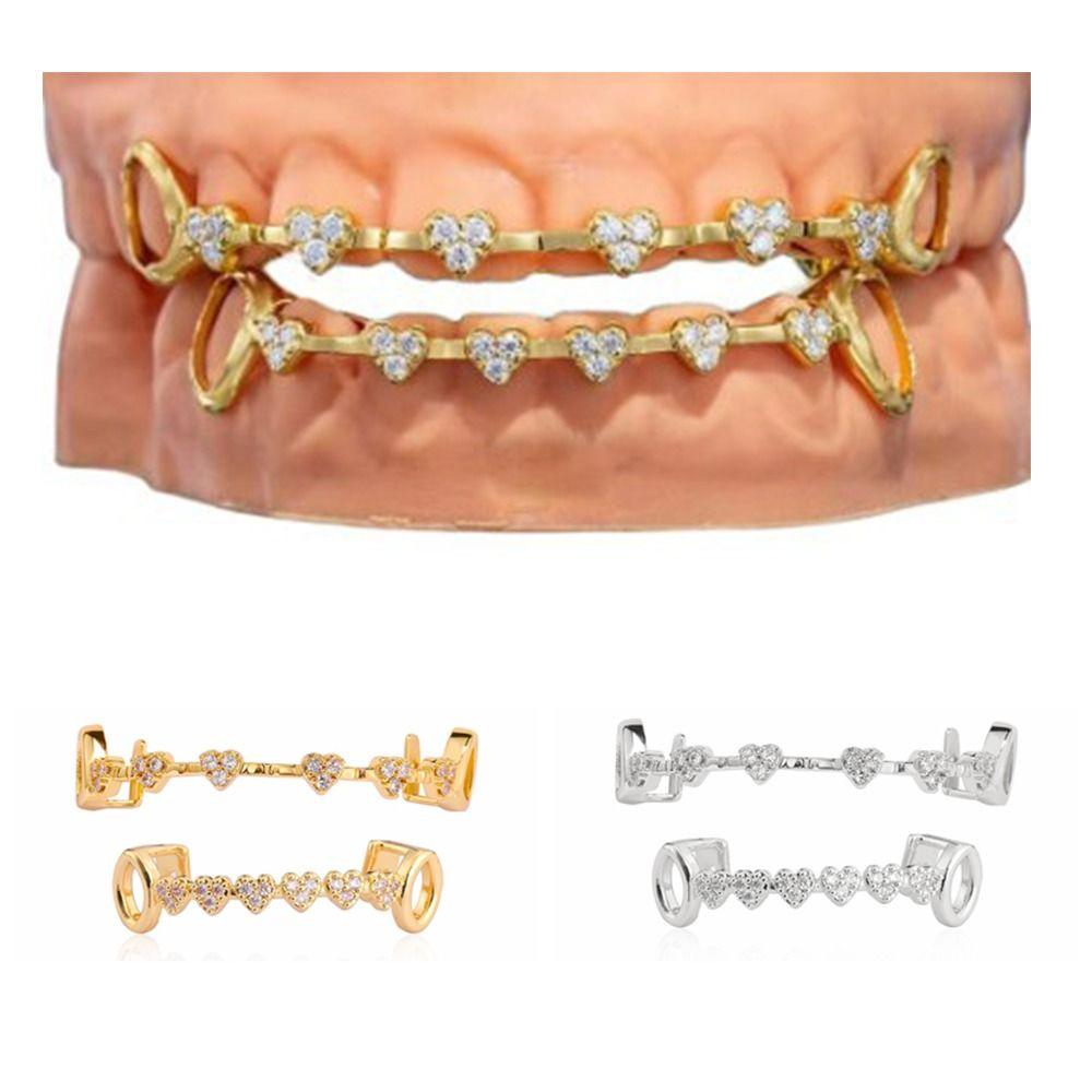 Double Glossy Charm Teeth Grillz Hip Hop Tooth Caps Trendy Love Drill Braces  Dental Crown