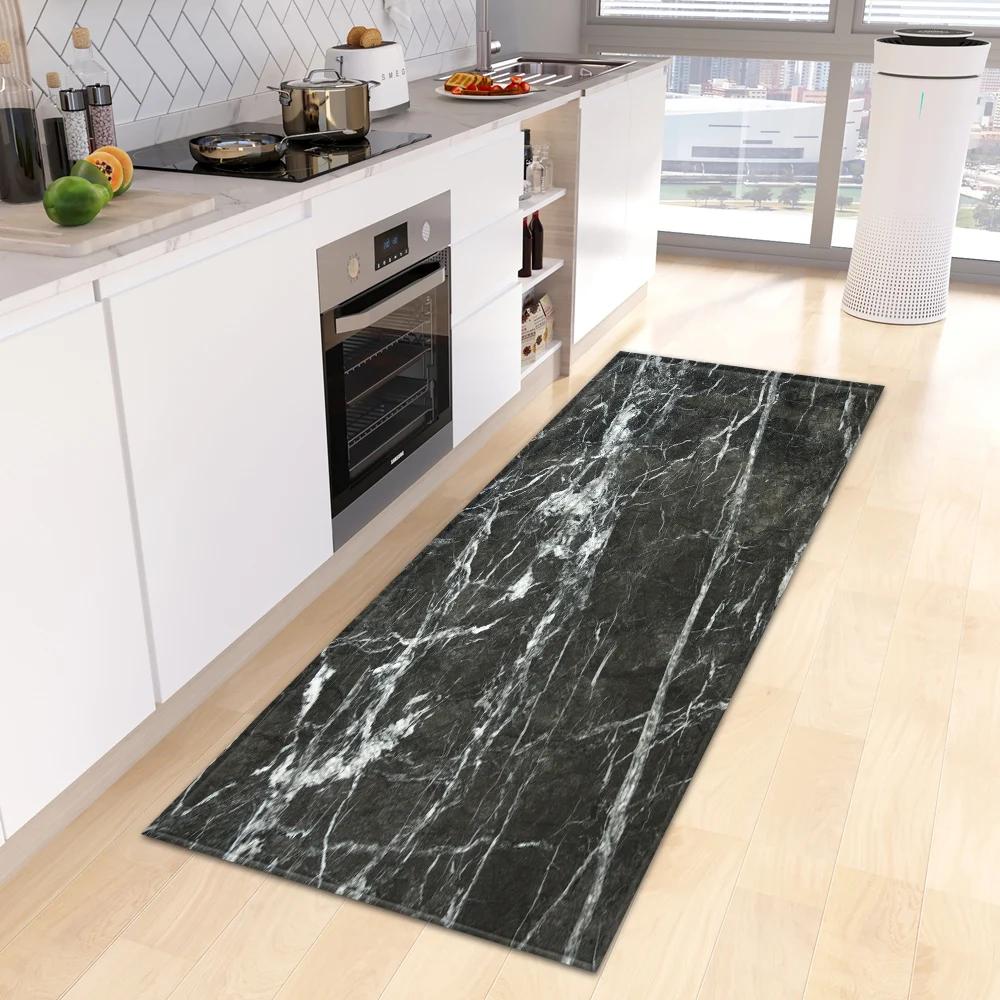Marble Print Kitchen Runner Rug, Modern Gold  Black Vein Non-Slip Water  Oil Resistant Floor Mat