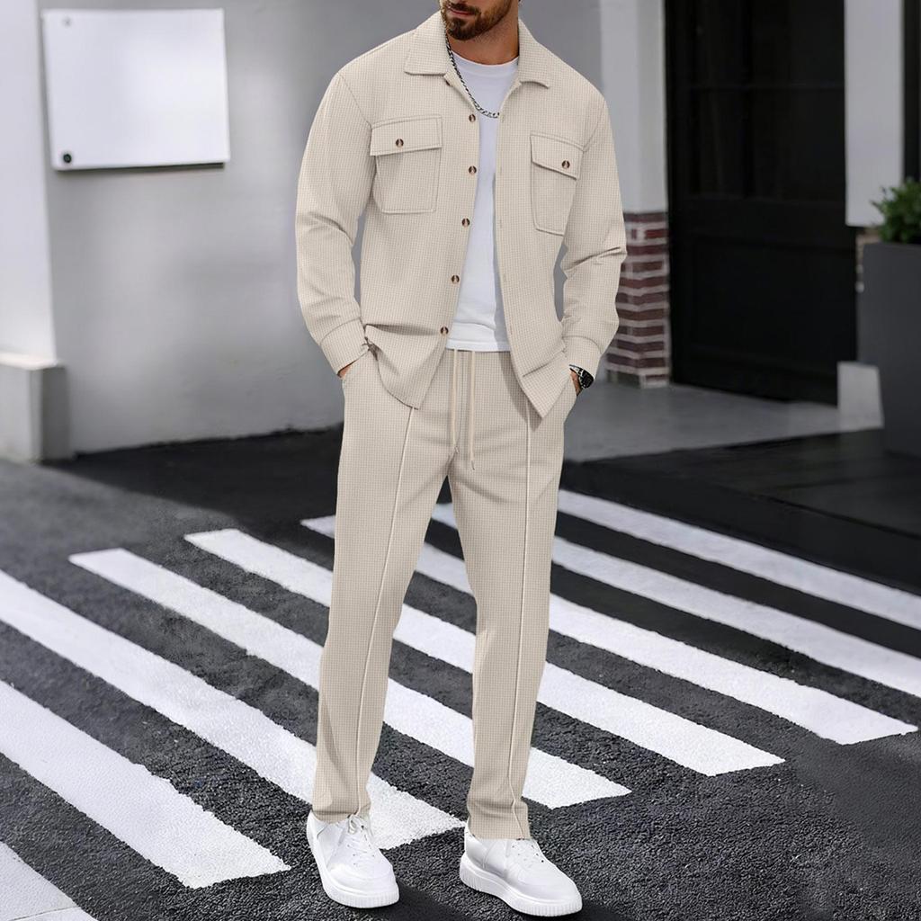 Men's Casual Long Sleeve Pants Two Piece Set Solid Color Double Pocket Workwear Cardigan Shirt Set