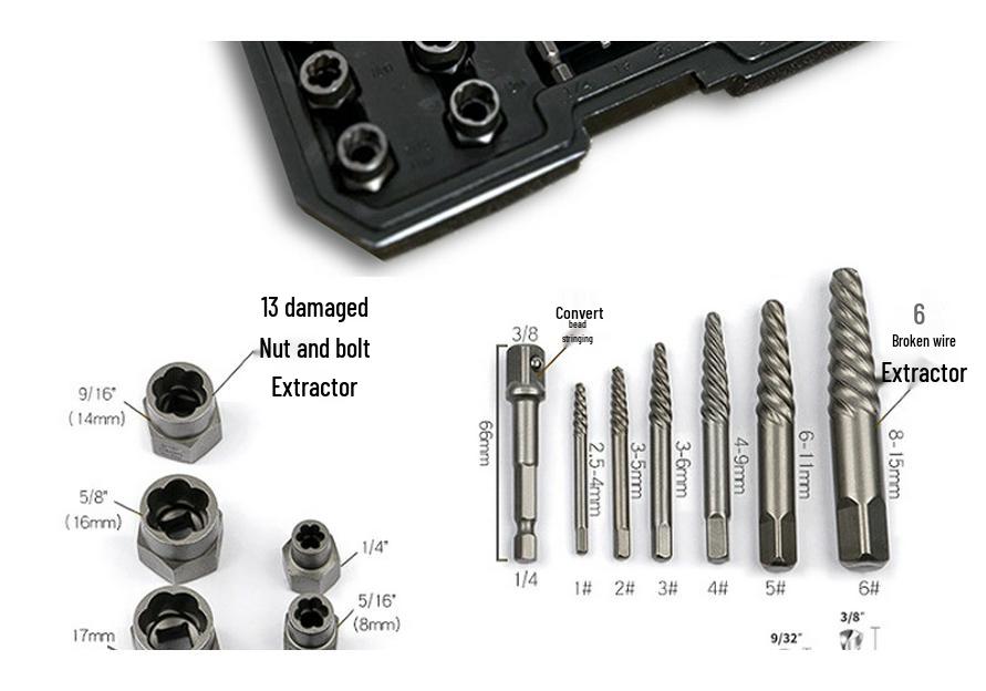 High Torque Wear-Resistant Reverse Thread Nut Extractor Set for Rusted or Damaged Nuts