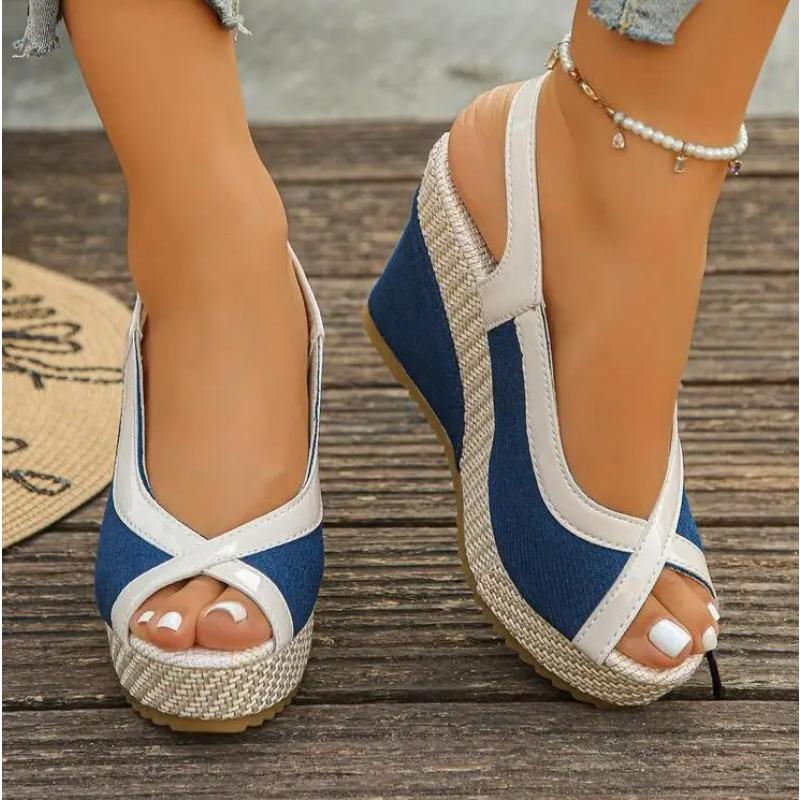 Shoes Women Ankle Buckle Wedges Sandals Summer Denim Sandal Comfortable Thick Sole Sandalias Mujer