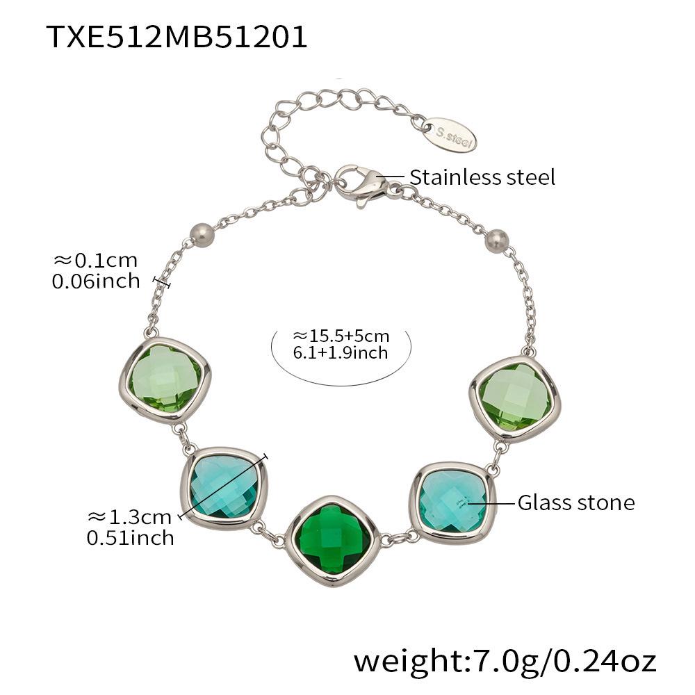 Stylish European & American Stainless Steel Jewelry Set with Square Faceted Glass Stones: Includes Bracelet, Necklace, and Earrings