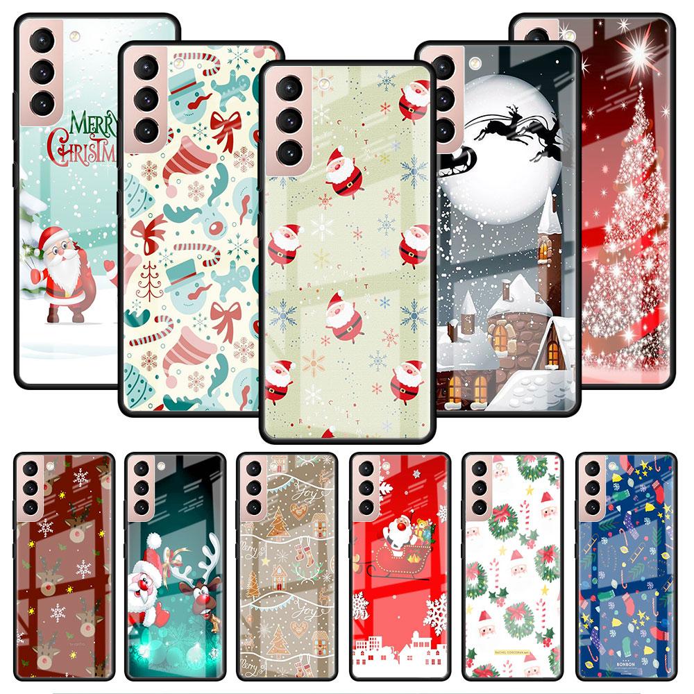 

Glass Case For Samsung Galaxy S22 S20 FE S21 Plus Phone Cover S10 5G S9 Note 20 Ultra 10 Lite Shell Snowman Christmas Cute