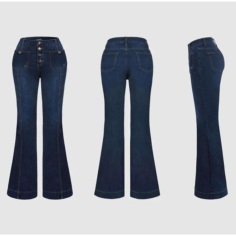Jeans Retro a Vita Alta Slim Svasati Denim Lavato Vestibilità Elastica Pantaloni Lunghi Jeans Gamba Dritta Colore Blu Stagione Primaverile Universale