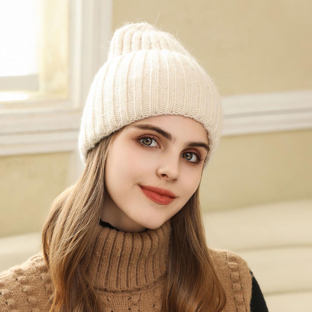 Autumn and Winter Women's Warm Handmade Wool Hat Solid Color Knitted Hat Versatile Fashion Striped Pullover Ear Protector Cold Hat