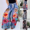 Damenhosen Kordelzug Elastischer Bund Übertriebenes Druckdesign Weitbeinige Hosen Imitat Denim