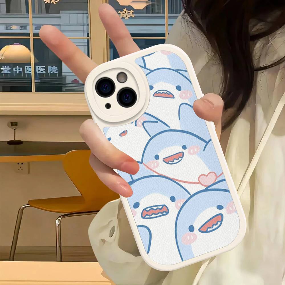 Cute anime Shark Leather Phone Case For iPhone 16 15 14 17 Pro Max 11 12 Mini Plus Soft Shell