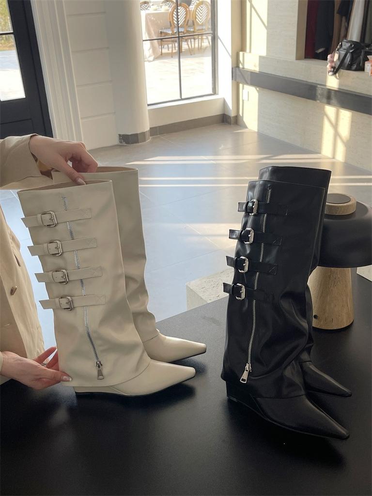 Pointed thin heel boots autumn and winter new buckle thin high heel trouser boots niche versatile fashion boots women