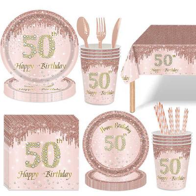 Elegantes Roségold Diamant Einweggeschirr 50. Geburtstag Partydeko