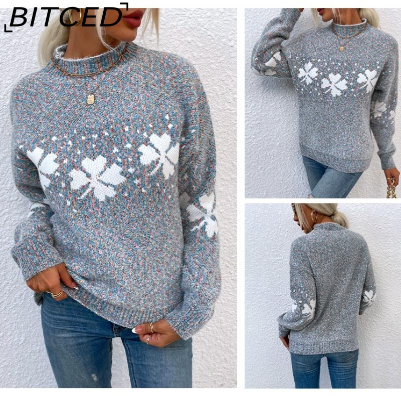 BITCED Fall/Winter Christmas Sweater Casual Women's Half-High Neck Snowflake Knit Top