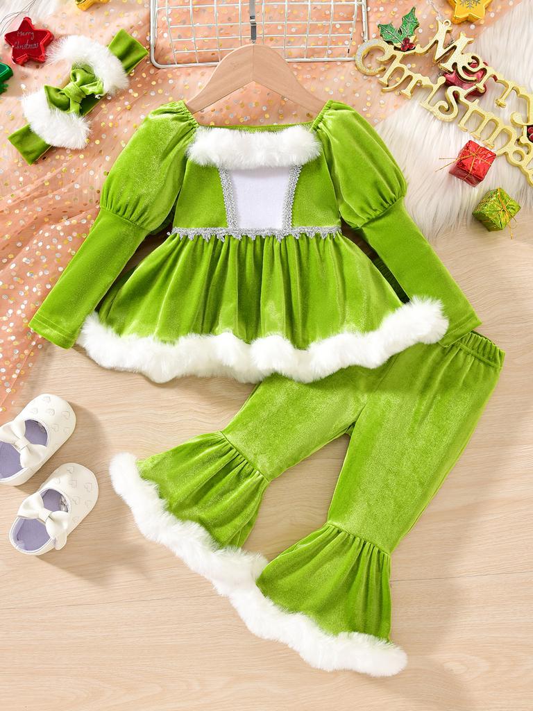 Baby Weihnachtsset Langarmkleid+Hose+Stirnband Dreiteiliges Set