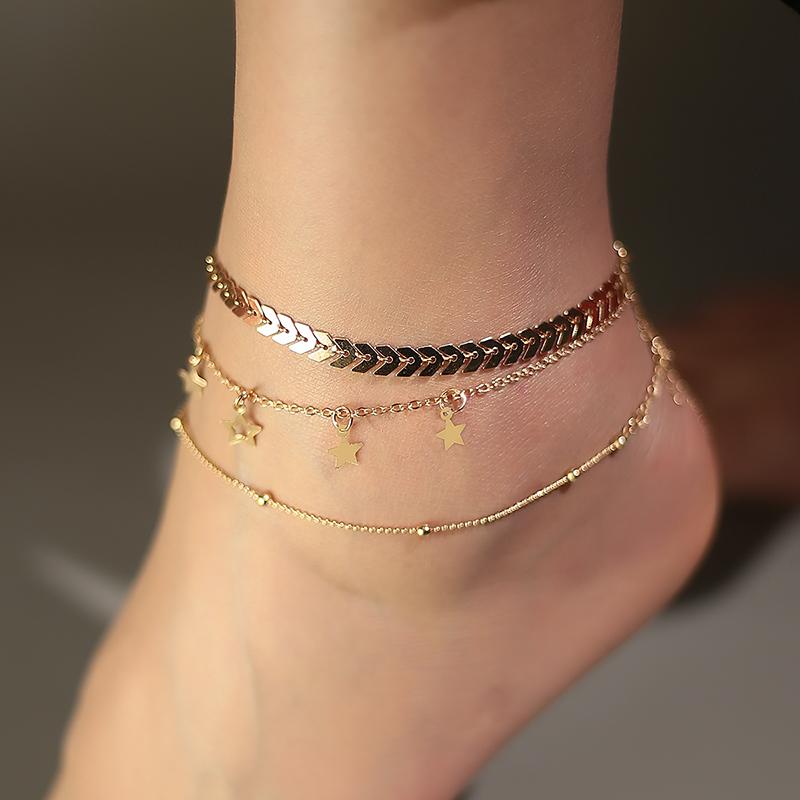 3pcs Gold Color Anklets Chain for Women Girls Multiple Layers Star Ankle Bracelet Summer Holiday Foot Jewelry Gift