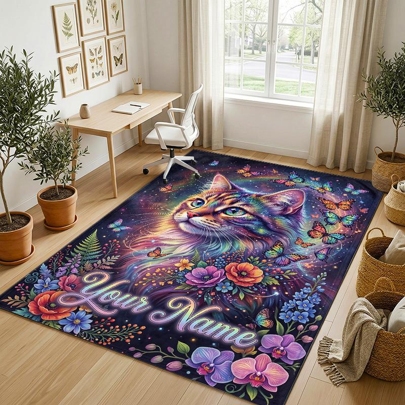 Cat Theme Crystal Velvet Rug Personalized Custom Name Text Soft Floor Mat Home Decor