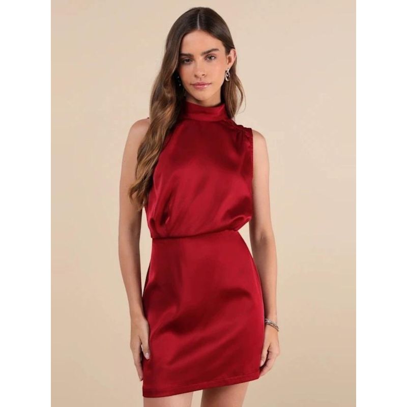 European and American Style Classy Textured Lu's Smooth Acetate Satin Stand Collar Dress Split Ladies Party Dress Women's Dress