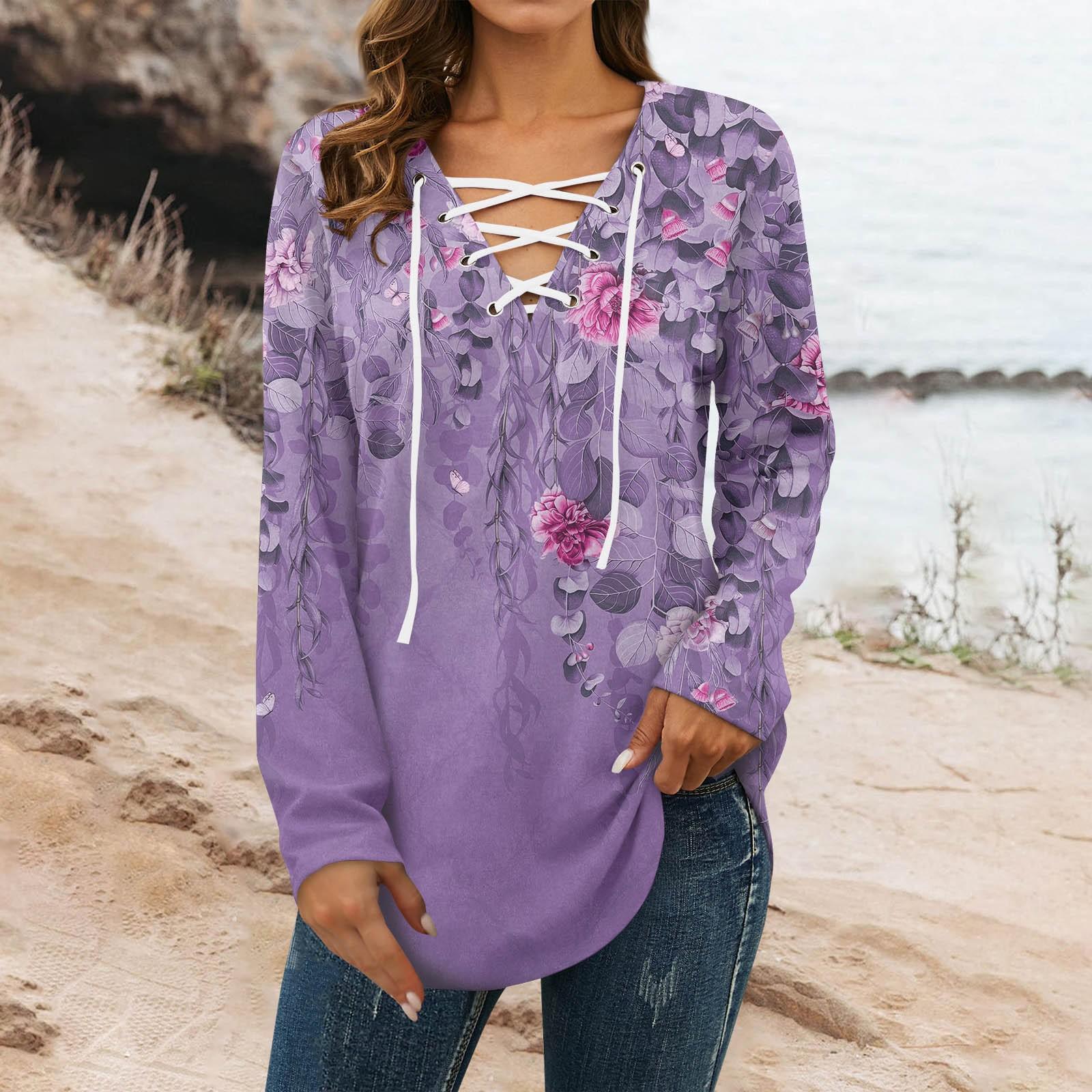 

Women s Blouse Fashion Loose Casual Long Sleeved Printed V-Neck T-shirt Top XL фиолетовый