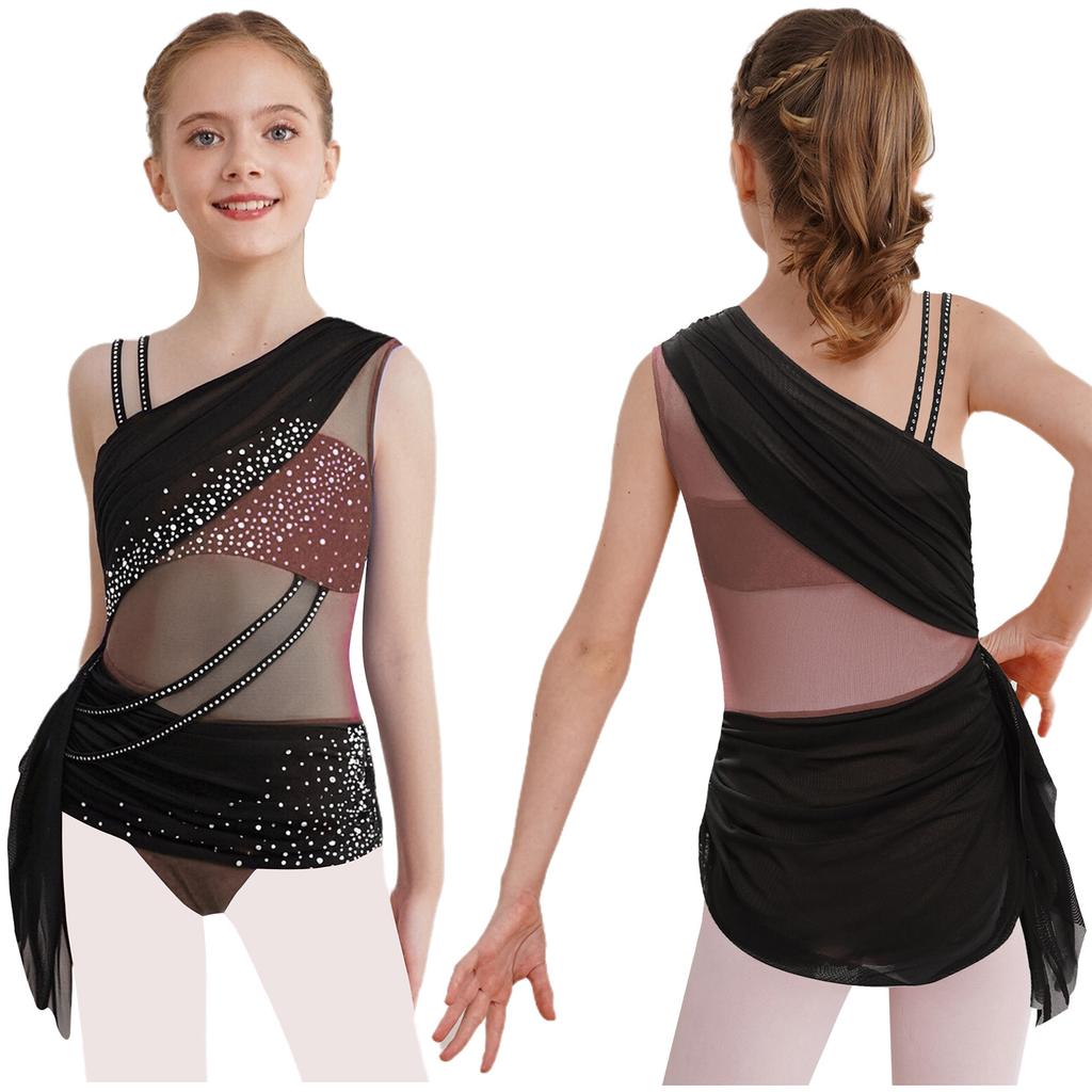 Girls Lyrical Dance Dress Color Block Design Sheer Mesh Ruched Overlay Asymmetrical Glittery Rhinestones Dress