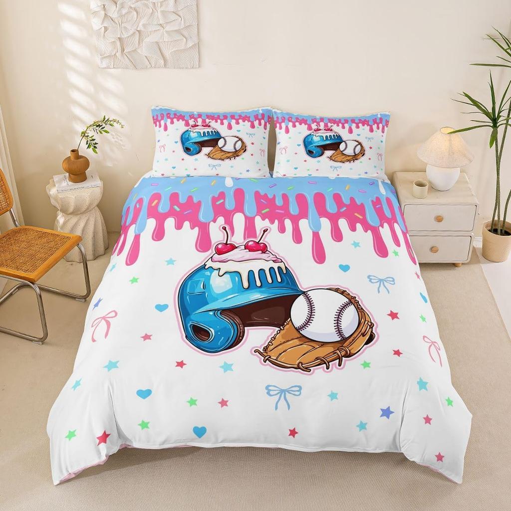Baseball Cream Duvet Cover Set Double Size, Ball Gaming Drip Dessert Star Bowknot Bedding Set 2pcs,Sport Themed Quilt Cover Set