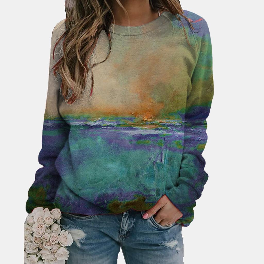 Round Neck 3D Gradient Color Printed Top Fashionable Casual Long Sleeved Women's T-shirts