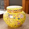 Luxury Gold-plated Ceramic Tea Canister with Climbing Lotus Painted Flowers Storage Jar Craft Desktop Ornament Storage Jar Decor