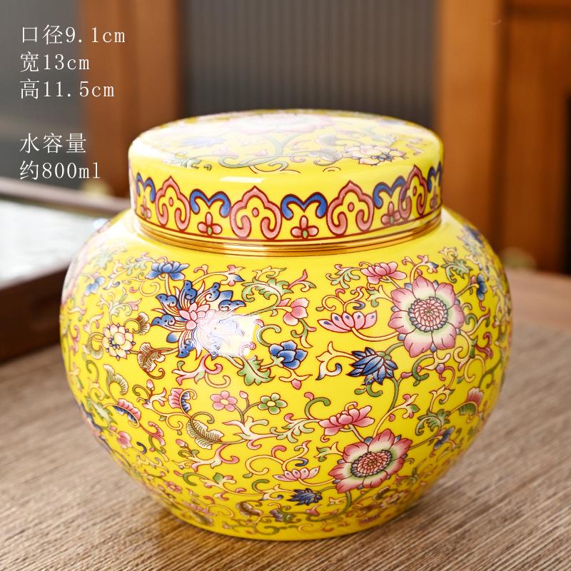Luxury Gold-plated Ceramic Tea Canister with Climbing Lotus Painted Flowers Storage Jar Craft Desktop Ornament Storage Jar Decor