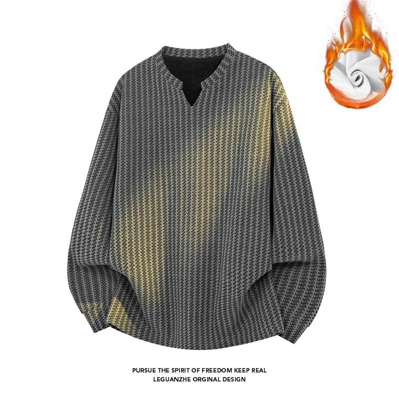 Men Textured Notch V Neck Long Sleeve Shirt Loose Fit Woven Fabric Casual Tops Retro Stripe Pattern Streetwear Daily Wear
