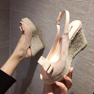 10CM Wedge Heel High Heels Waterproof Table Muffin Thick-soled Hemp Rope Woven Bow Fashionable Rear Empty Fish Mouth Sandals Women