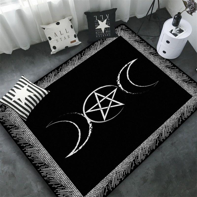 Triple Moon and Pentagram Altar or Tarot Witchy Floor Mat Black Witch Rug Gothic Decor Phases Divination Runic Carpet