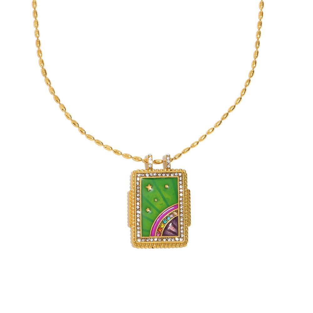 18K Gold-Plated Enamel Tarot Card Flower Pendant Necklace