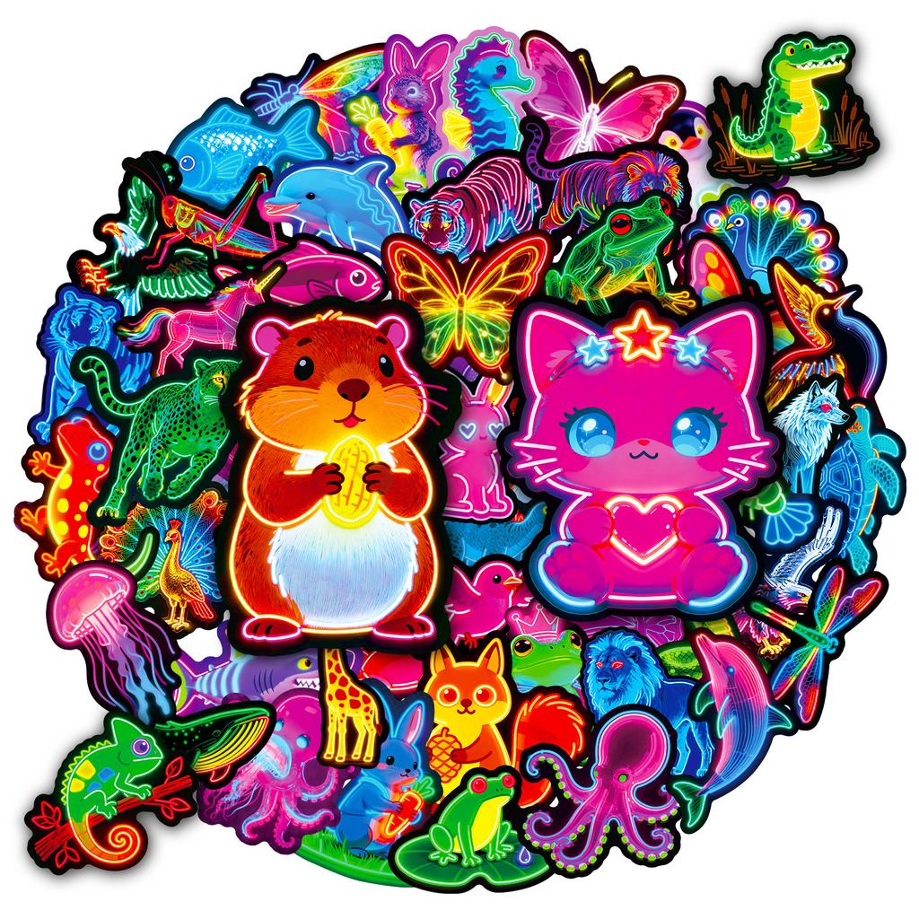 56/112 Pcs New Neon Animal Colorful Cartoon Doodle Stickers for Reward DIY Scrapbook Stationery Box Notebook Helmet Scooter
