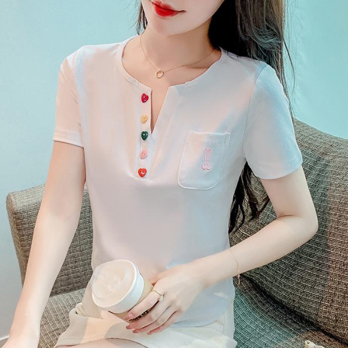 

[40 шт. 1 * 1 резьбовой хлопок 260 г] Женская одежда большого размера для полных мм с изогнутым подолом на пуговицах, футболка с коротким рукавом для женщин M белый