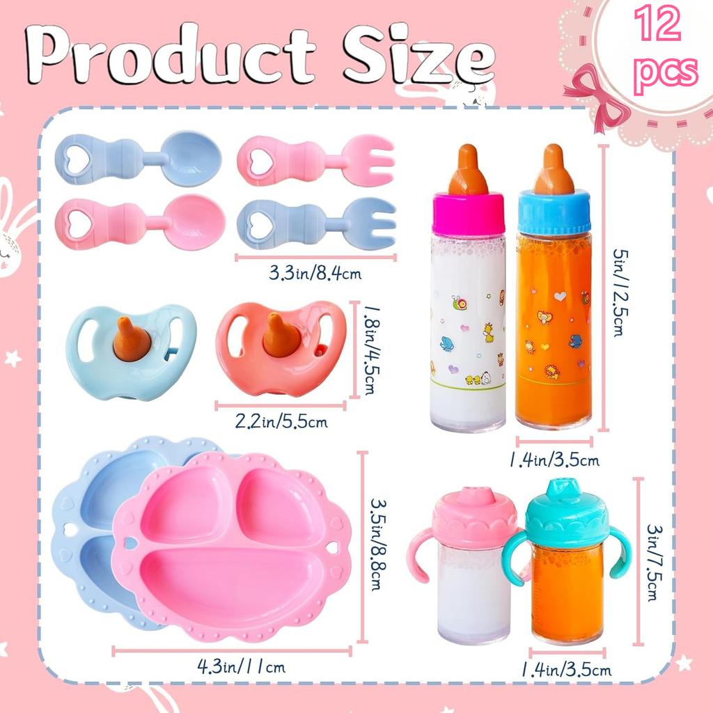 Pretend Play Baby Doll Care Feeding Set Toy Doll Accessories Set With Pacifier Disappearing Milk & Juice Bottles Tableware Gift