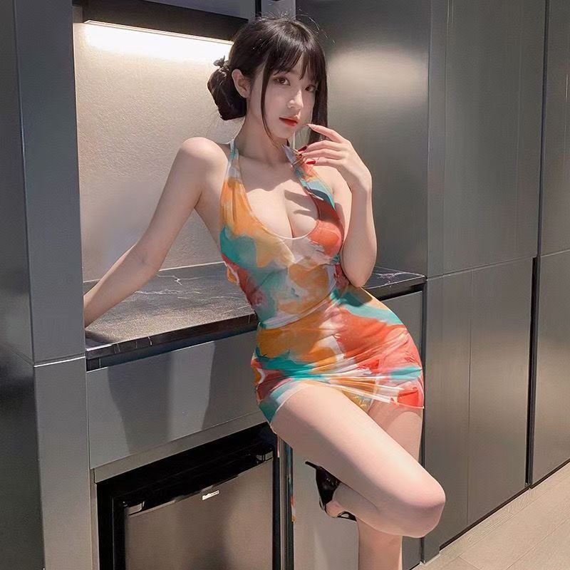 Sexy Deep U Dew Ditch Print Smudge Hip Skirt Sexy Lingerie Women's Summer Beach Dopamine Suspenders Tight